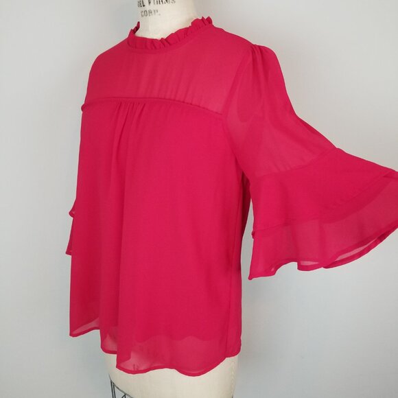 Monteau Red Blouse with Flared Ruffled 3/4 Sleeves & Collar Women's Size Large - Picture 3 of 9